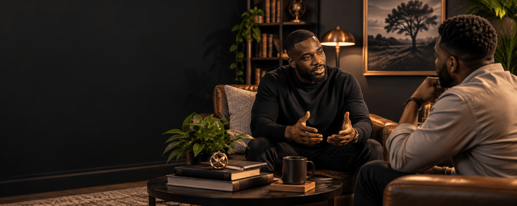 A Black man in conversation with his counselor in a warm, low-lit office